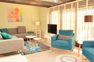 東卡佩勒的住宿－Vroonweg 34 sauna sunshower，客厅配有蓝色椅子和沙发