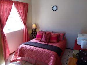 Port Elizabeth Apartment في بورت اليزابيث: غرفة نوم مع سرير وملاءات وردية ونافذة