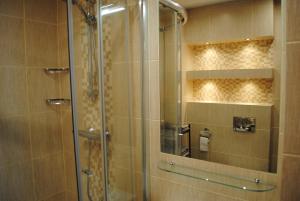 a bathroom with a shower stall and a glass door at MT Apartments in Nowy Tomyśl