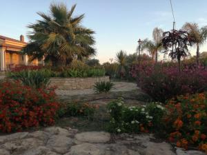 a garden with flowers and a palm tree and a building at Villa Russo in Caltanissetta