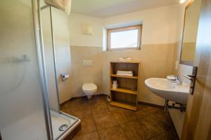 a bathroom with a sink and a toilet and a shower at Apartment Bauernhof Thurnummerstall in Hollersbach im Pinzgau