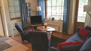 un soggiorno con divano e tavolo di Levin Alppi 3 A 1 Apartment a Levi