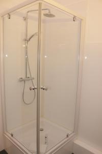 um chuveiro com uma caixa de vidro na casa de banho em Park Apartaments em Aachen