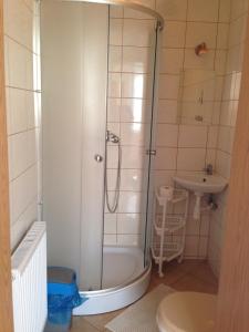 a bathroom with a shower and a sink at Pokoje goscinne Jaskolcze Gniazdo in Dziwnówek