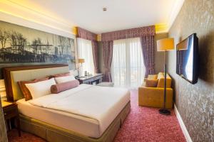 a hotel room with a bed and a television at Mell Hotel in Trabzon