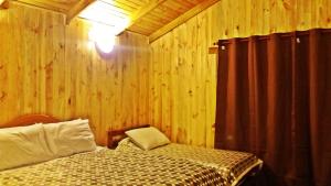 a bedroom with a bed and a light on the wall at Cabañas Tunquelen Malalcahuello in Malalcahuello