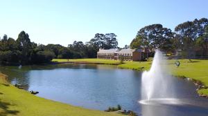 a pond with a fountain in front of a building at MGSM Executive Hotel & Conference Centre in Sydney