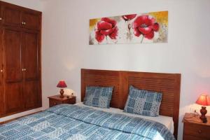 1 dormitorio con 1 cama con flores rojas en la pared en Apartamentos Villa María en Los Llanos de Aridane