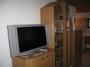 einen Flachbild-TV auf einem Holzschrank in der Unterkunft Ferienwohnung Karlsruh in Warmensteinach