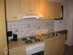 cocina con fregadero y fogones horno superior en Ferienwohnung Karlsruh, en Warmensteinach