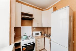 uma pequena cozinha com fogão e micro-ondas em Apartment Peshekhodnaya ul. Baumana em Kazan