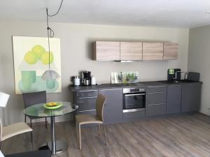 a kitchen with a table and a counter top at Bodenseeapartments Kunst & Design in Immenstaad am Bodensee