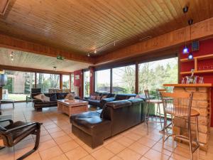 ウェームにあるPerfect holiday home in Waimes with Swimming Poolのリビングルーム(革製家具、暖炉付)