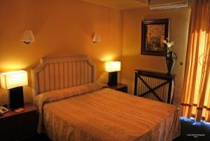 a bedroom with a bed and two lamps on tables at Hotel Marixa in Laguardia