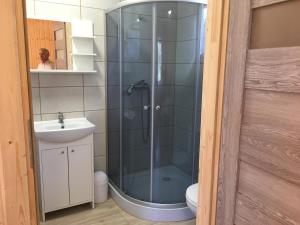 a bathroom with a shower and a sink at Ośrodek Słonecznik in Hel