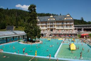 un grupo de personas en una piscina en un hotel en Pinewood Valley Oasis, en Vyšné Ružbachy