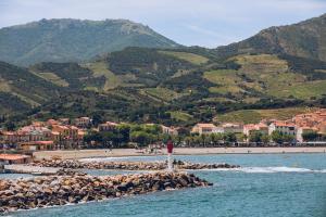 a beach with a lighthouse in the middle of the water at Regina's Banyuls - Spatious apartment next to the beach in Banyuls-sur-Mer