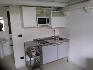 a small kitchen with a sink and a microwave at La Meridiana, monolocale in cascina ristrutturata in Boves