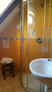 y baño con ducha y lavamanos. en Hostel Merlin en Český Krumlov