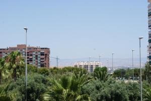 eine Skyline der Stadt mit Palmen und Gebäuden in der Unterkunft Costa Blanca Apartment in Alicante