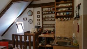 una pequeña cocina con fregadero y una escalera en Hostel Merlin, en Český Krumlov