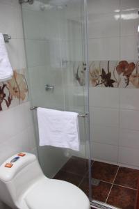 ein Bad mit einem WC und einer Glasdusche in der Unterkunft Apartahotel Calle del tiempo detenido in Filandia
