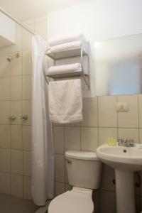 La salle de bains est pourvue de toilettes et d'un lavabo. dans l'établissement Aqua hotel cusco, à Cusco