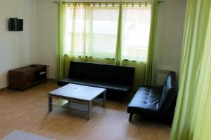 a living room with a couch and a coffee table at Tobzos-patak Vendégház in Viszák