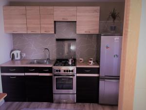 a kitchen with a stove and a refrigerator at U Dzieciola in Zwierzyniec