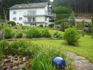 a white house with a yard with a blue ball in the grass at Holiday home at the foot of the Schwarzer Mann in Sellerich