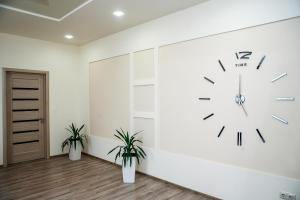 um relógio numa parede num quarto com duas plantas em Family House em Vinnytsya