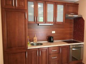 a kitchen with wooden cabinets and a sink at Villa Julia in Petrovac na Moru
