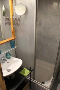a bathroom with a sink and a shower at Haus Sonnenberg in Sankt Oswald