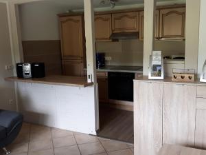 a kitchen with wooden cabinets and a counter top at Apartment in Kirchhundem in the middle of nature in Silberg