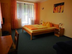 1 dormitorio con cama y ventana en Penzion Tisuvka, en Cikháj