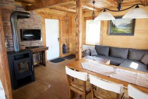 ein Wohnzimmer mit einem Sofa und einem Holzofen in der Unterkunft Ferienhaus Anno Dazumal, wie zu Oma`s Zeiten in Klingenthal