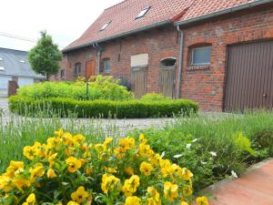 un jardin avec des fleurs jaunes devant un bâtiment en briques dans l'établissement Cozy Holiday Home in Ploegsteert with a Garden, à Le Bizet