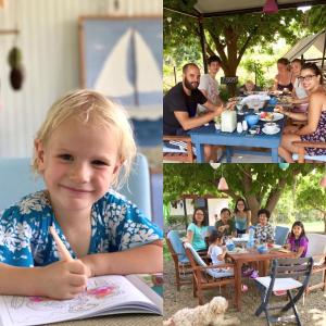 un collage de photos d'une petite fille écrivant dans l'établissement Cirali Friends Pension&Camping, à Çıralı