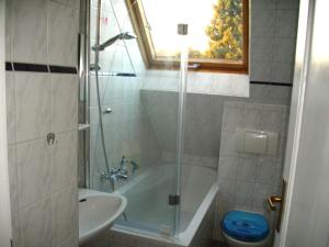 La salle de bains est pourvue d'une douche, d'une baignoire et d'un lavabo. dans l'établissement Ferienwohnung Gita, à Öhningen