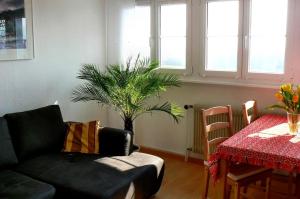 un salon avec un canapé et une table avec une plante dans l'établissement Ferienwohnung Gita, à Öhningen