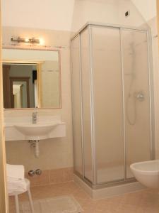 W łazience znajduje się prysznic i umywalka. w obiekcie Hotel Camoscio w mieście Rocca Pietore