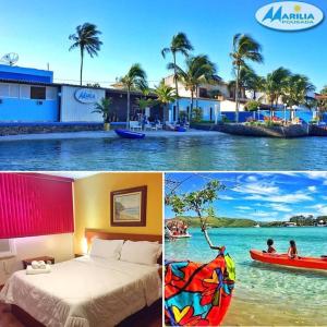 uma colagem de duas fotos de um hotel e um resort em Pousada Marilia em Cabo Frio