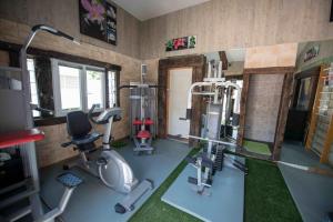 a gym with treadmills and machines in a room at Espace Pyrenees Loisirs in Argelès-Gazost