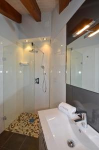 a white bathroom with a shower and a sink at Apartamentos El Palacete de Ainsa in Aínsa