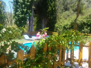 two people sitting by a pool in a garden at Georgina Apartments-pool-river in Mesongi
