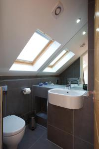 a bathroom with a toilet and a sink and a skylight at Miles Place by Viridian Apartments in London