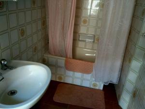 a bathroom with a sink and a shower curtain at Callejon de la Vega in Ríocaliente