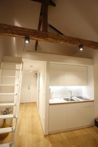 a kitchen with a loft bed and a sink at Studio Apartman Olaf in Zagreb