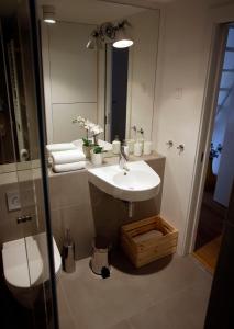 a bathroom with a sink and a mirror at Studio Apartman Olaf in Zagreb +33 photos