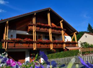 una casa con un balcón con flores. en Pension Mausbachtal, en Warmensteinach